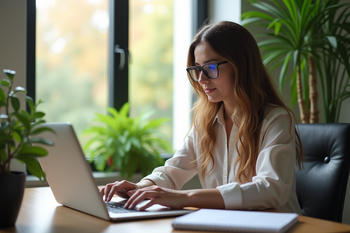 Personne travaillant à domicile dans un bureau lumineux et vert