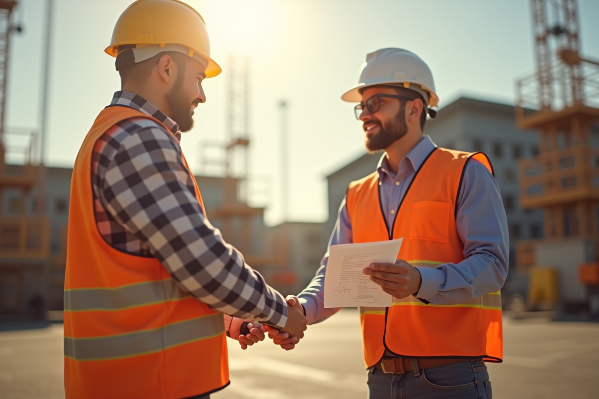 Ouvrier en sécurité signant un document sur un chantier ensoleille